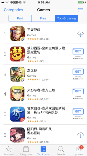 top charts grossing game in China iTunes store