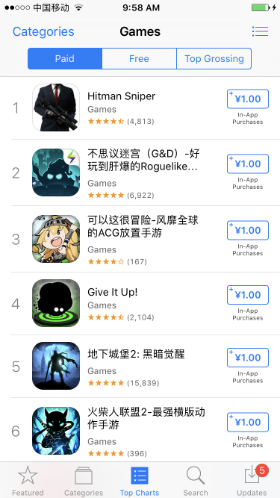 top charts paid game in China iTunes store